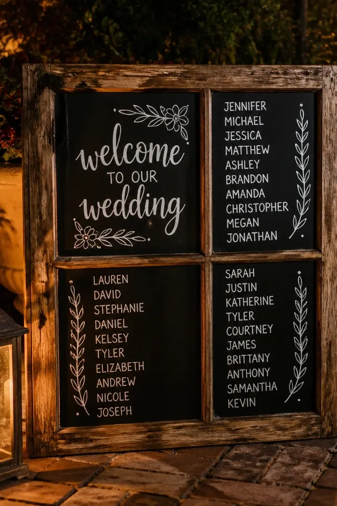 Old window frame with chalkboard panes reading welcome