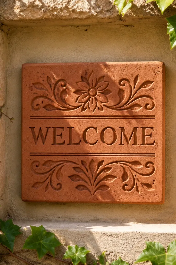 Terracotta tile sign with carved welcome text and soft shadows