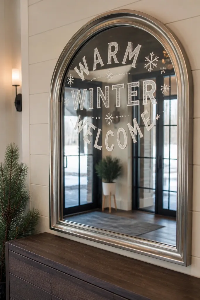Curved mirror with chalk welcome lettering and soft reflections