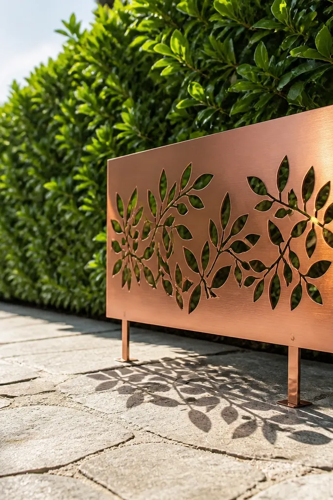Laser-cut metal welcome sign with leaf shapes and a warm finish