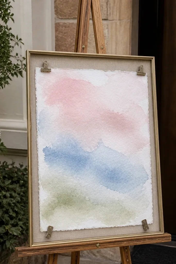 Watercolor wash welcome sign on paper clipped to a simple frame