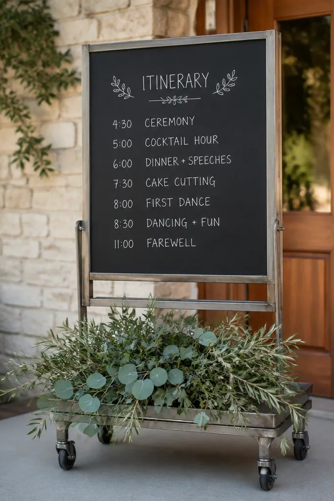 Small rolling cart with a blackboard welcome sign and greenery
