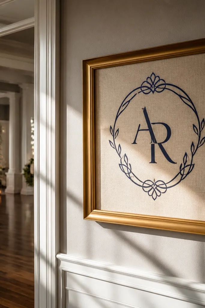 Gold frame with monogram on linen backing reading welcome
