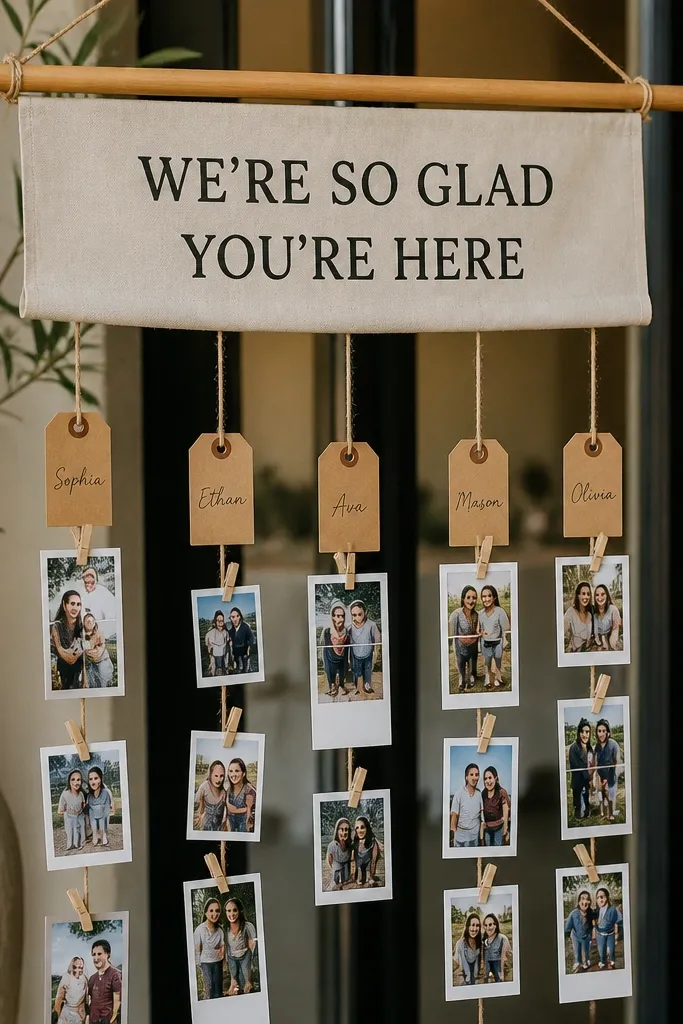 Wood dowel banner with mini name tags and welcome text