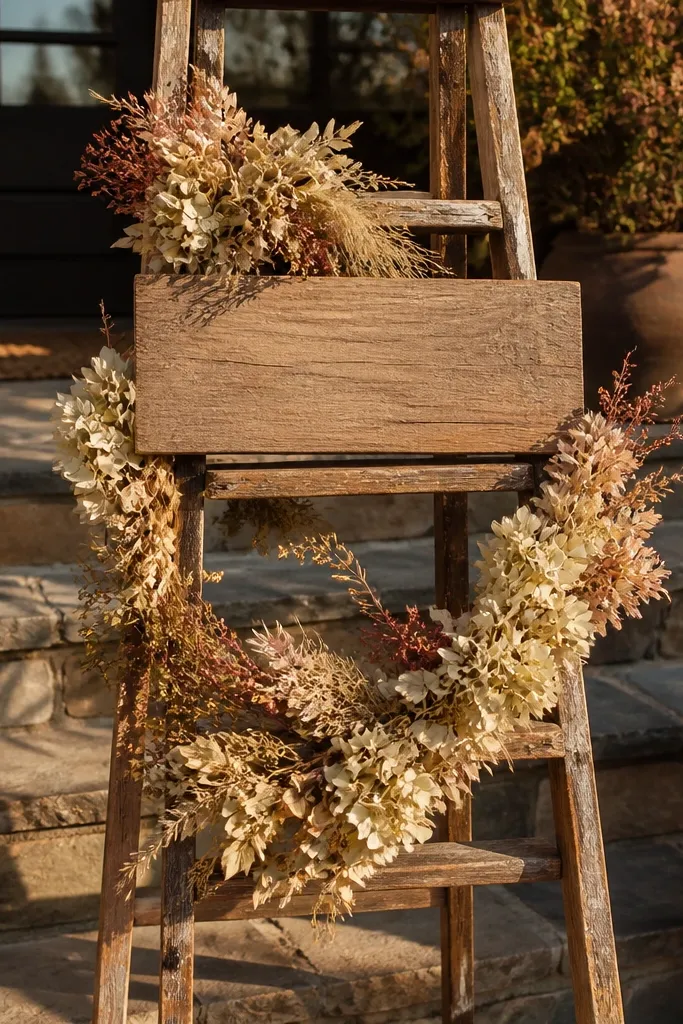 Reclaimed ladder shelf with dried flower garland and welcome sign