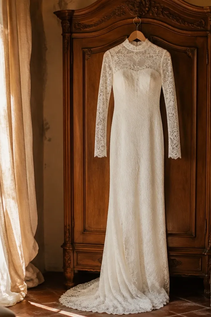 Off-white lace long-sleeve column dress with high neckline