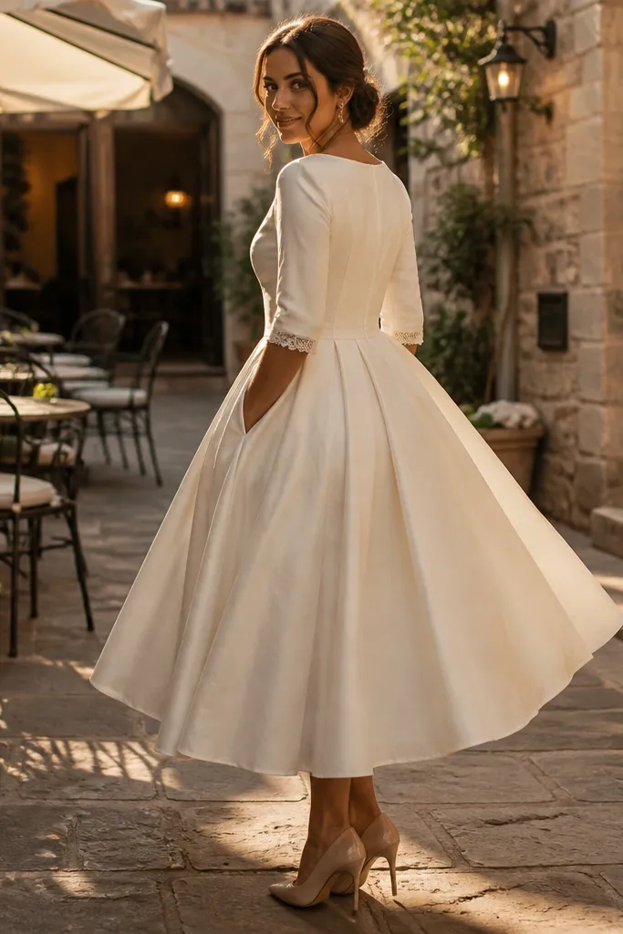 Ivory tea-length taffeta dress with structured full skirt and bow details