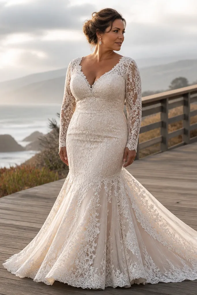 Ivory long-sleeve lace mermaid wedding dress with a soft flowing tail