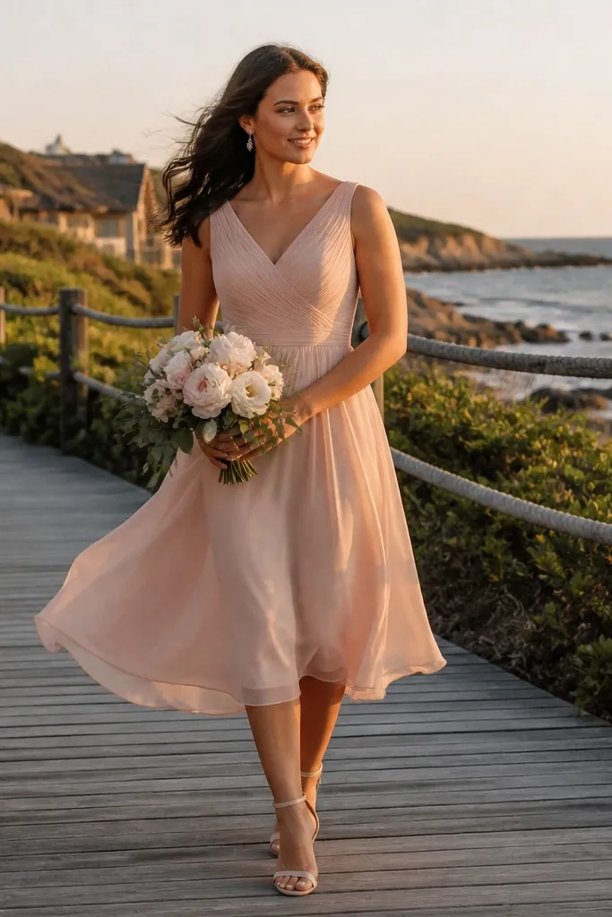 Light sage chiffon A-line bridesmaid dress with a lined skirt and flutter sleeves