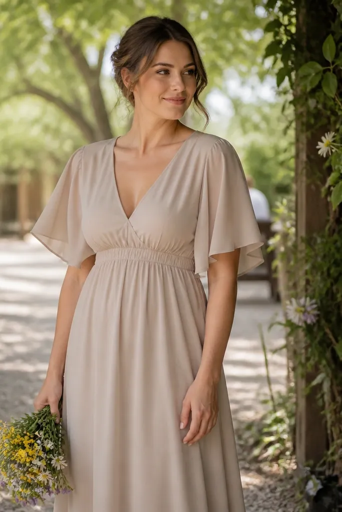 Teal flutter sleeve chiffon bridesmaid dress with an empire waist and flowing skirt