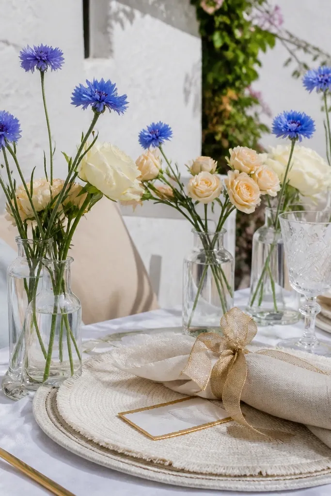 Cornflower blue napkins with ivory table linens and cream roses