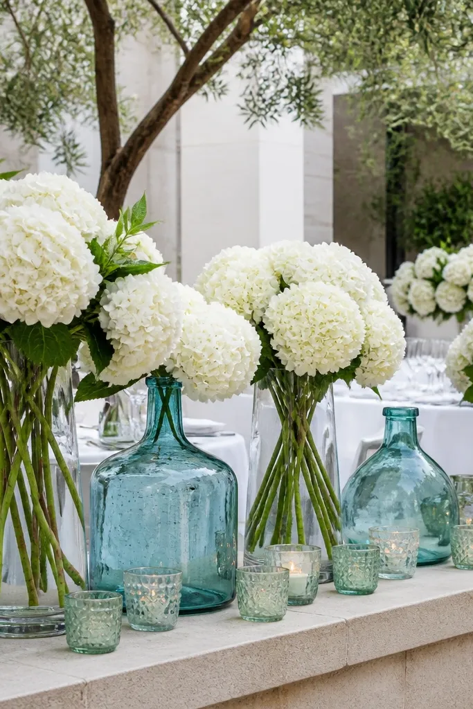 Teal blue napkins with sea-glass green accents and white hydrangea