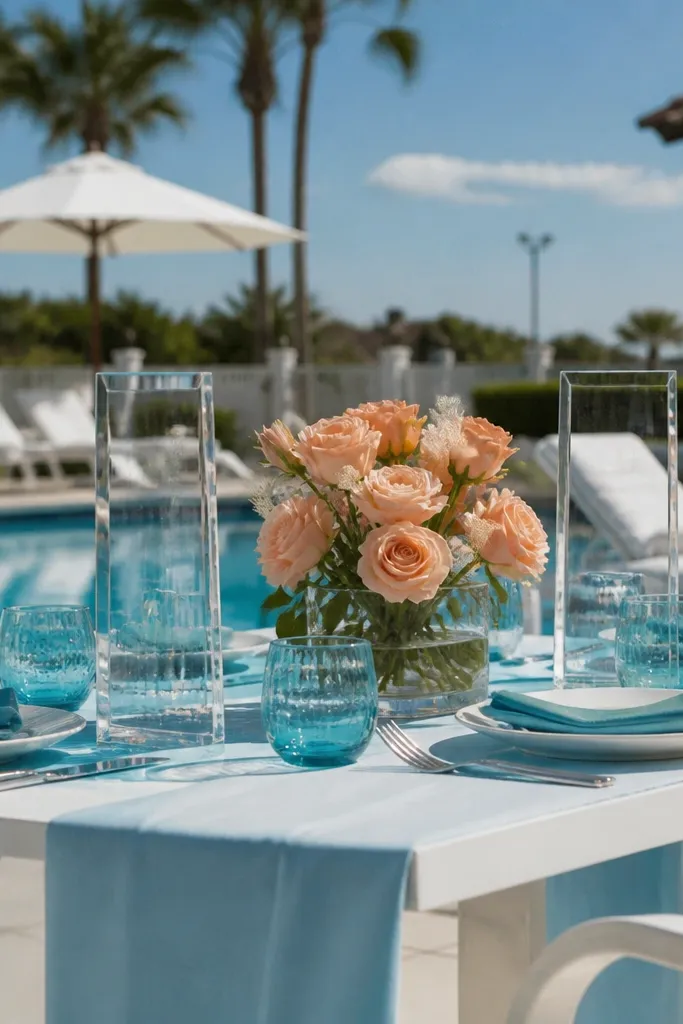 Aqua blue place cards with peach florals and clear acrylic menu holders