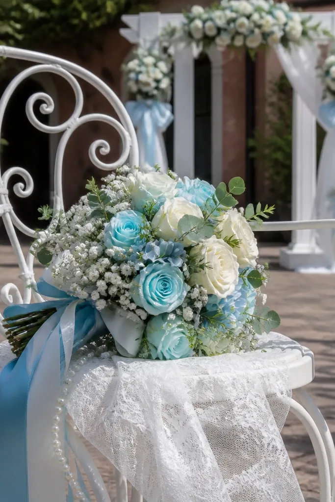 Robin's egg blue napkins with white lace table runner and pearl place card holders