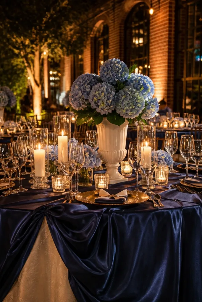 Midnight blue tablecloth with cream candles and soft blue hydrangea bouquets