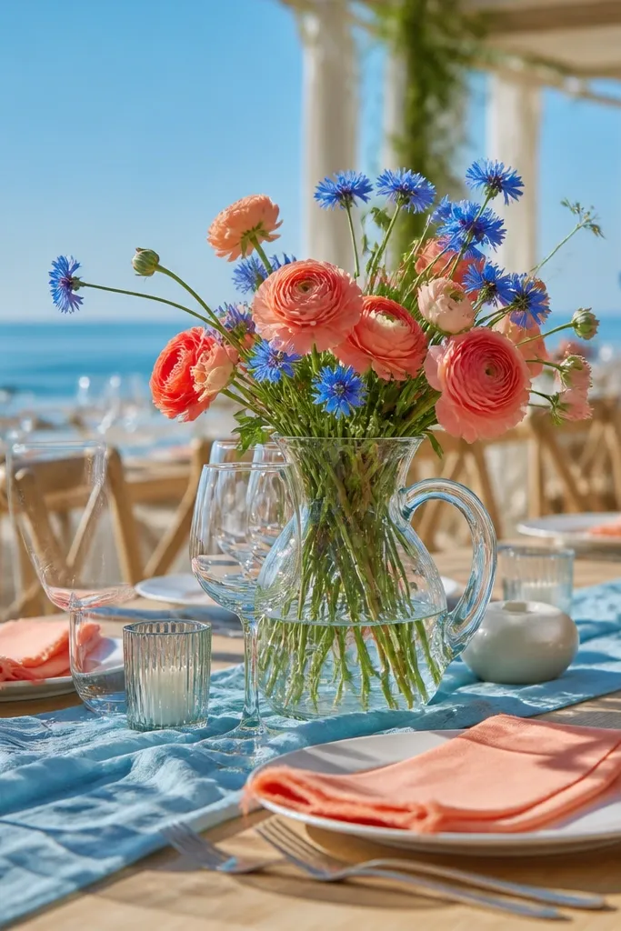 Bright sky blue signage with coral flowers and light wood table settings