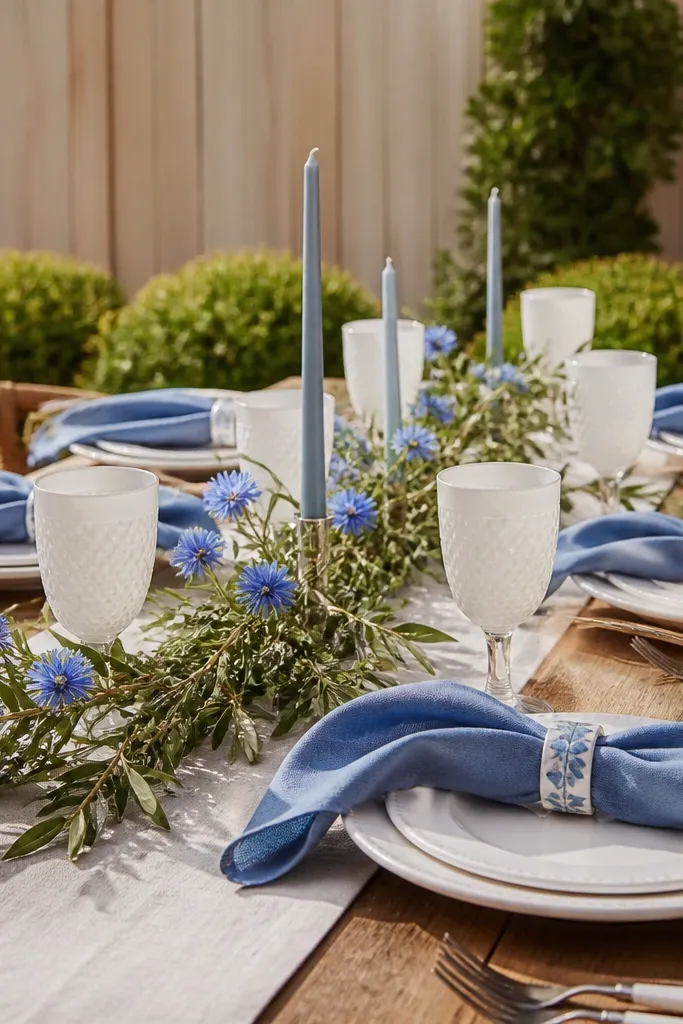 Cornflower blue napkins with olive greenery and white plates