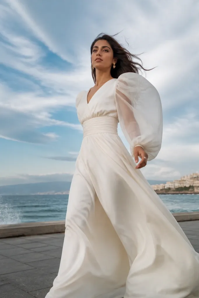 Soft ivory wedding dress with organza puff sleeves and a fitted waist