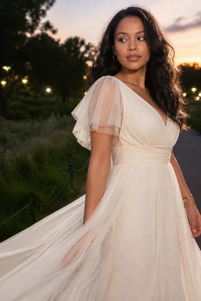 Ivory wedding dress with tulle flutter sleeves and a flowing skirt