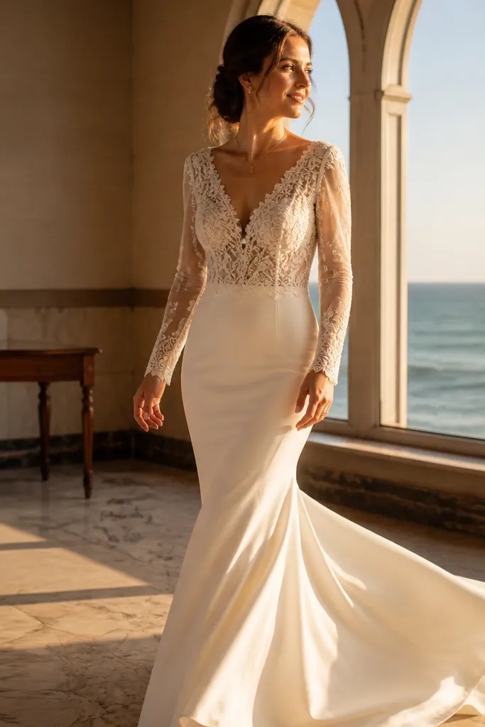 Ivory mermaid wedding dress with long lace sleeves and scalloped cuffs