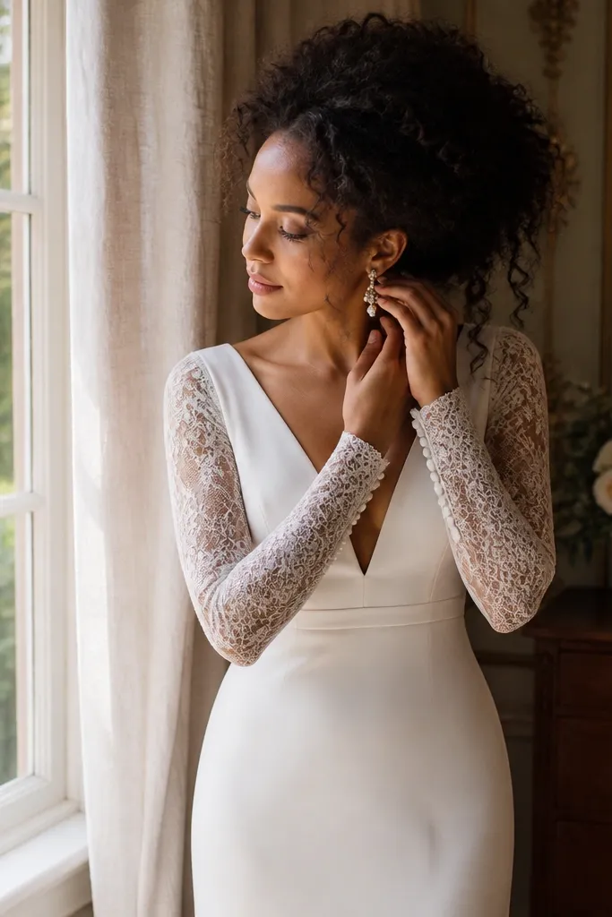 Ivory wedding dress with soft V-neck and half-lined lace sleeves