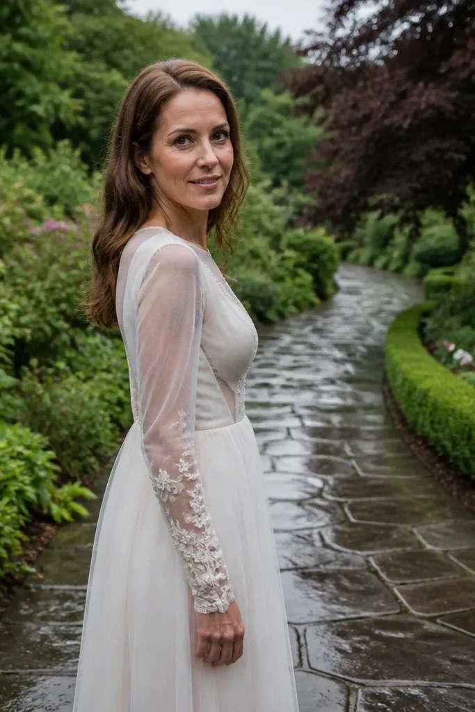 Ivory tulle wedding dress with long floral appliques and closed wrist cuffs