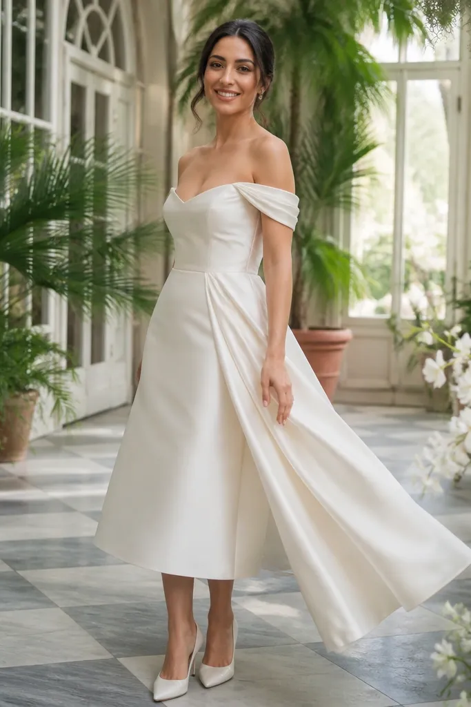 Tea-length satin dress with off-shoulder sleeves and a draped overskirt