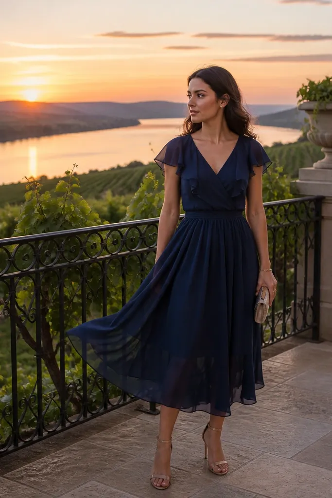 Navy chiffon midi dress with flutter sleeves and a flowy skirt