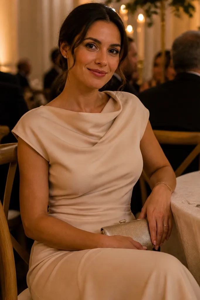 Champagne crepe midi dress with a draped neckline