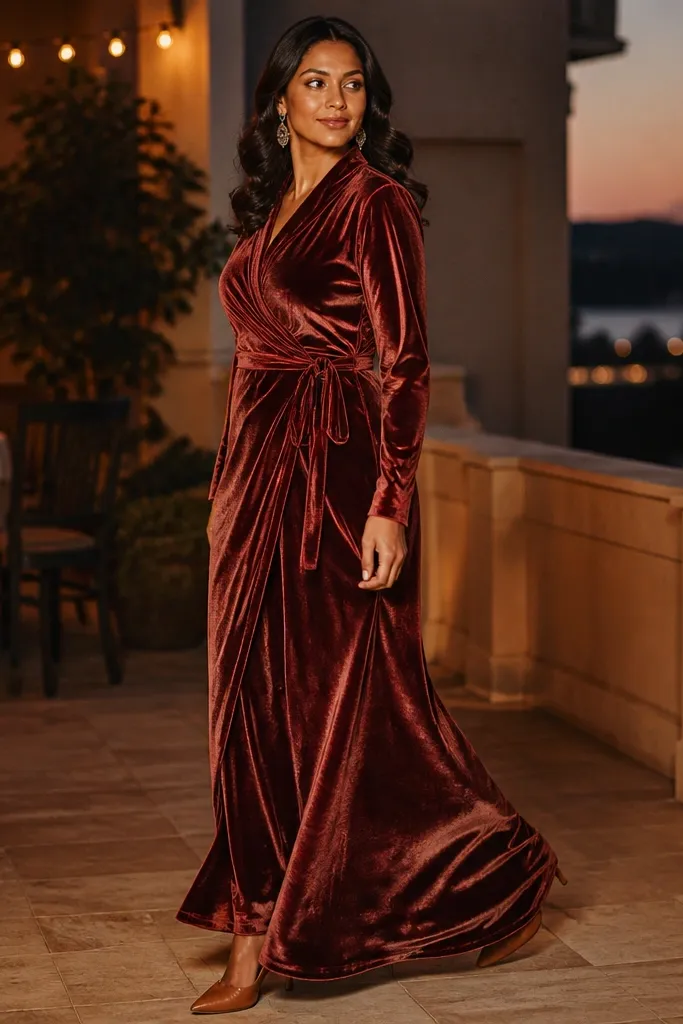Rosewood velvet wrap maxi dress with a V neckline and long sleeves