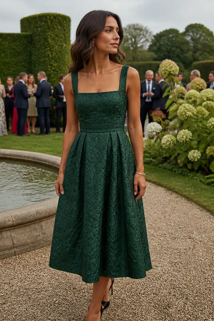 Forest green jacquard midi dress with a square neckline