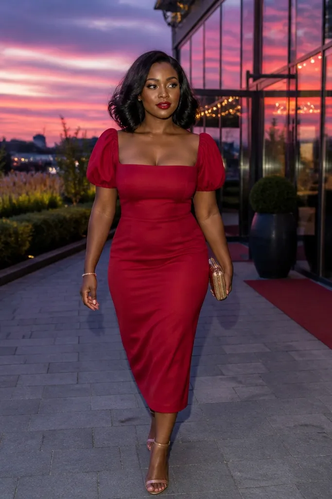 Cherry red midi dress with puff sleeves and a square neckline