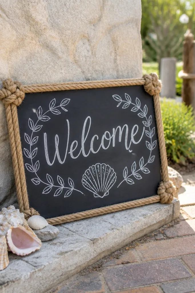 Chalkboard welcome sign on a pale stone slab with rope accents