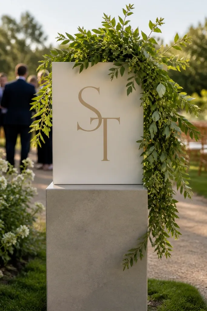 Large monogram welcome sign on a pedestal with trailing greenery