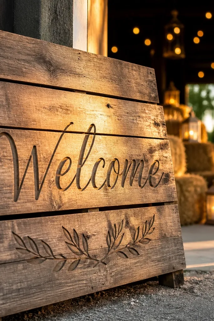 Rustic wood welcome sign with engraved-style lettering on a pallet background