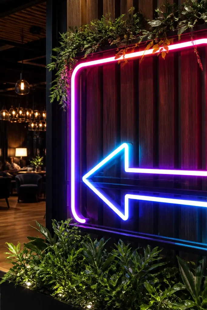 Neon-style welcome sign on a black metal frame with greenery around it