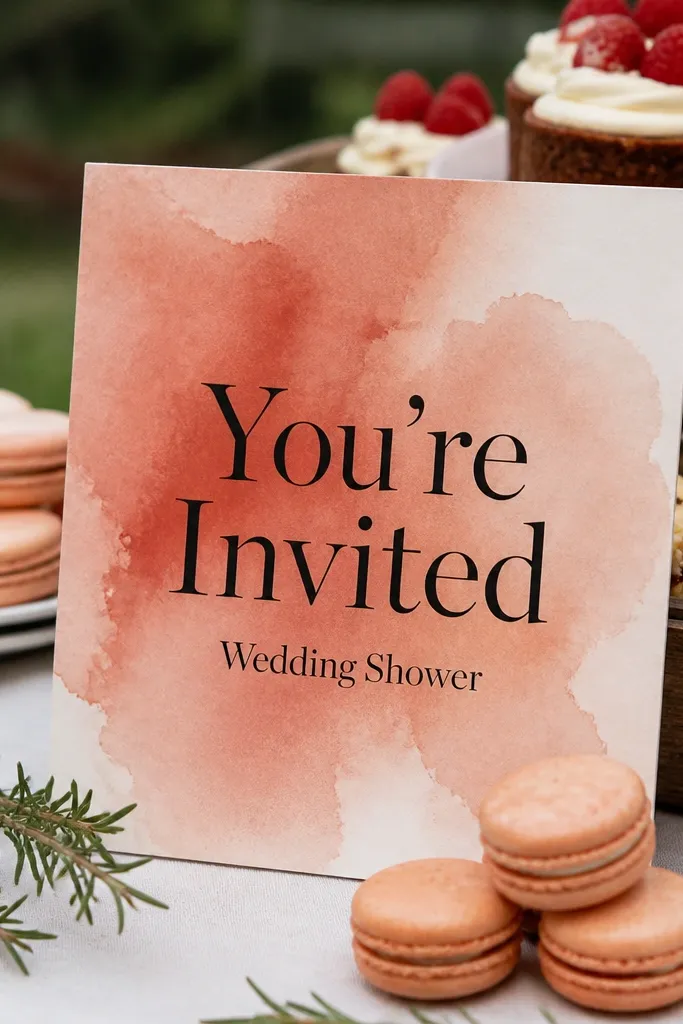 Terracotta and blush watercolor wash welcome sign with You're Invited text