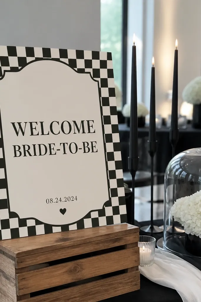 Black and white checkered welcome sign with WELCOME BRIDE-TO-BE text