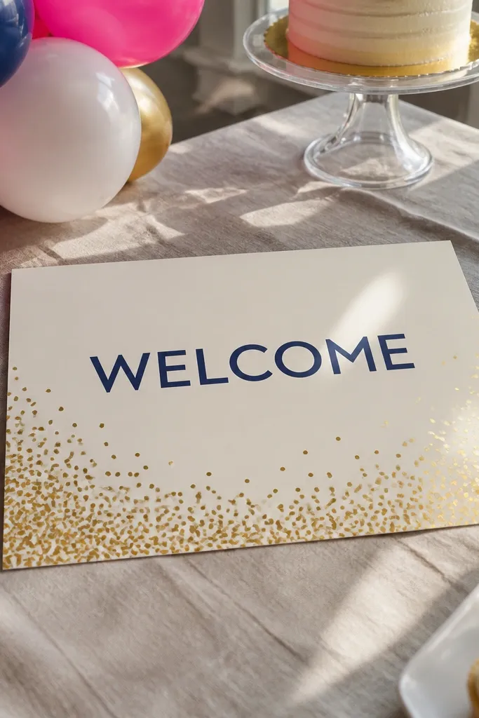 Cream welcome sign with navy text and small gold confetti dots