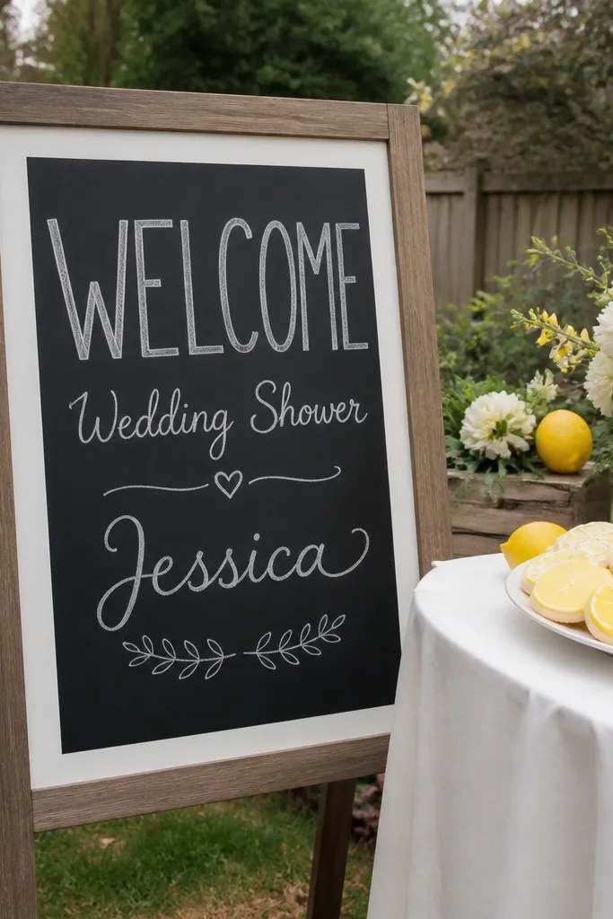 Whiteboard-style sign with faux chalk welcome text and small decorative lines