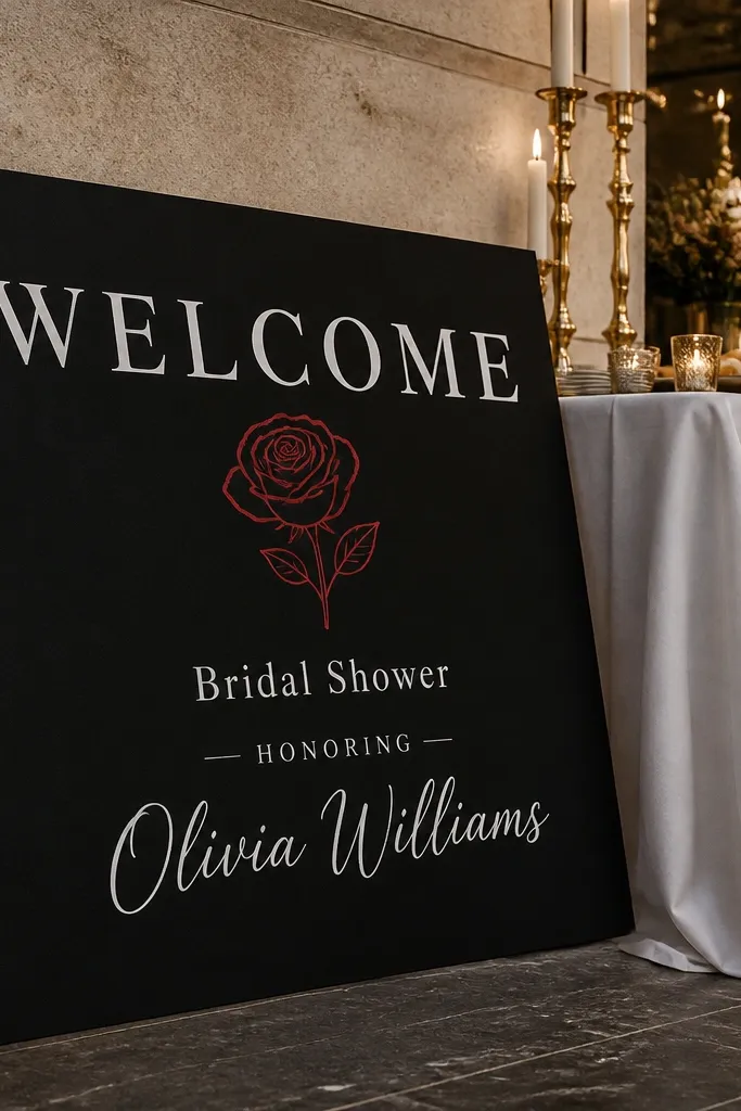Black matte welcome sign with white text and one red rose icon