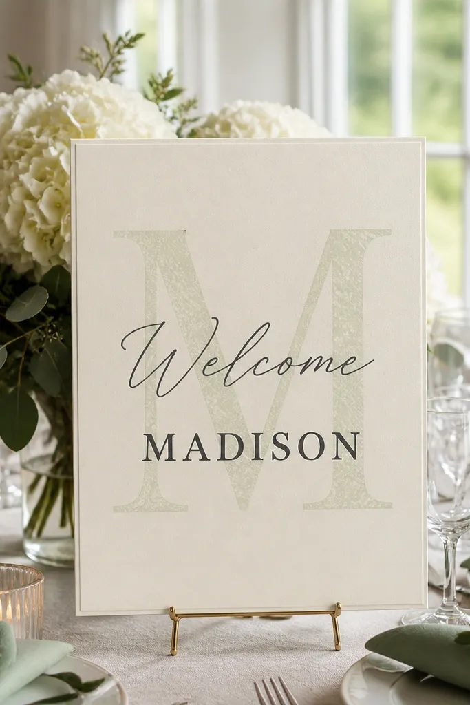 Large monogram letter M welcome sign with bride name in the center