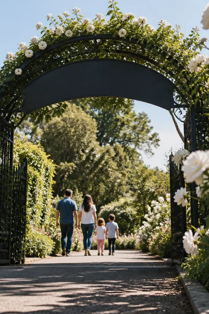 Small arch welcome sign with soft white and green flowers beside a garden gate