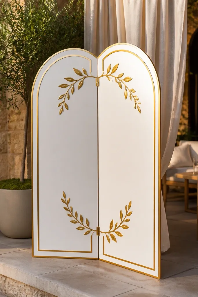 White folding screen welcome sign with gold lettering and small greenery on corners