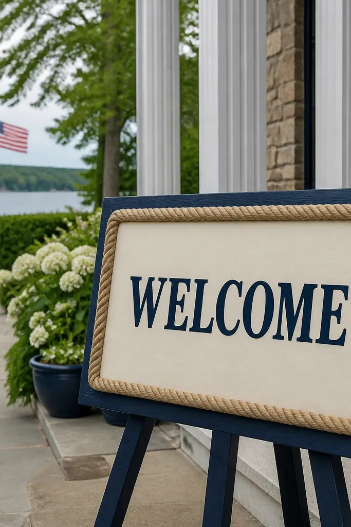 Navy welcome sign with cream lettering and a rope border, styled with small greenery