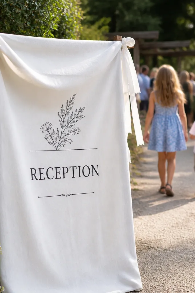 White linen drape welcome sign with ribbon tassels and dark lettering