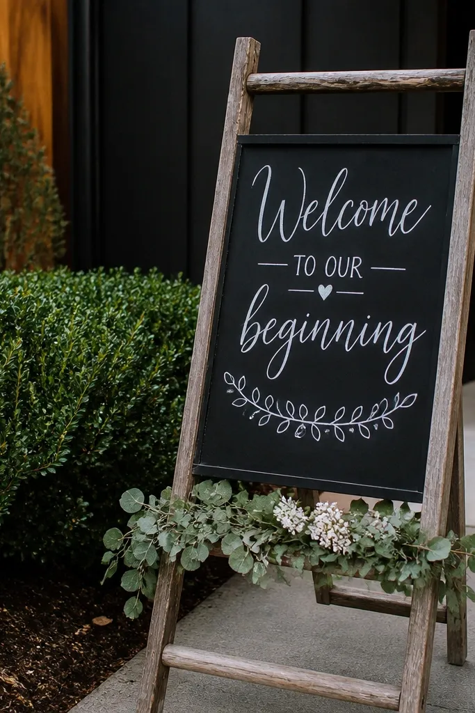 Blackboard welcome sign on a leaning ladder stand with greenery and small frames