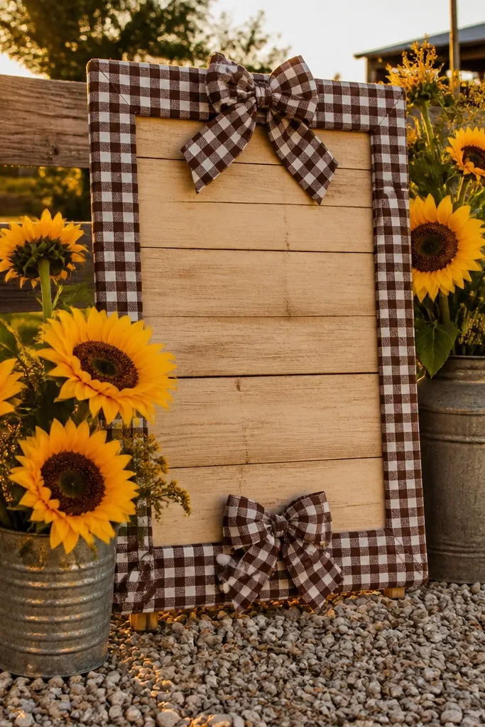 Welcome sign framed with gingham ribbon and sunflower accents on a white background