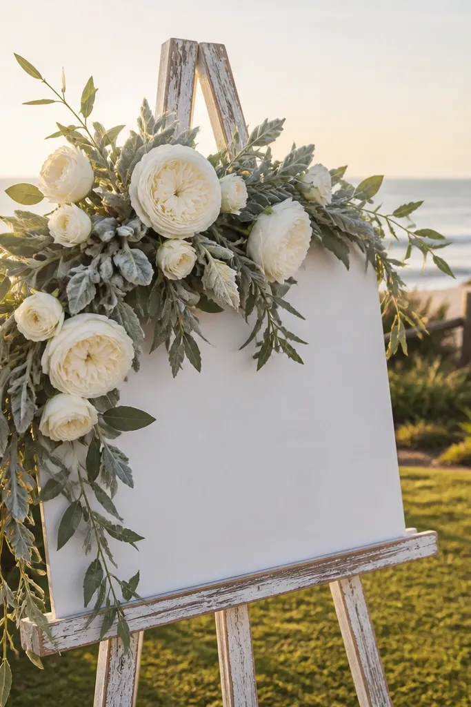 White roses with gray textured leaves around a welcome sign