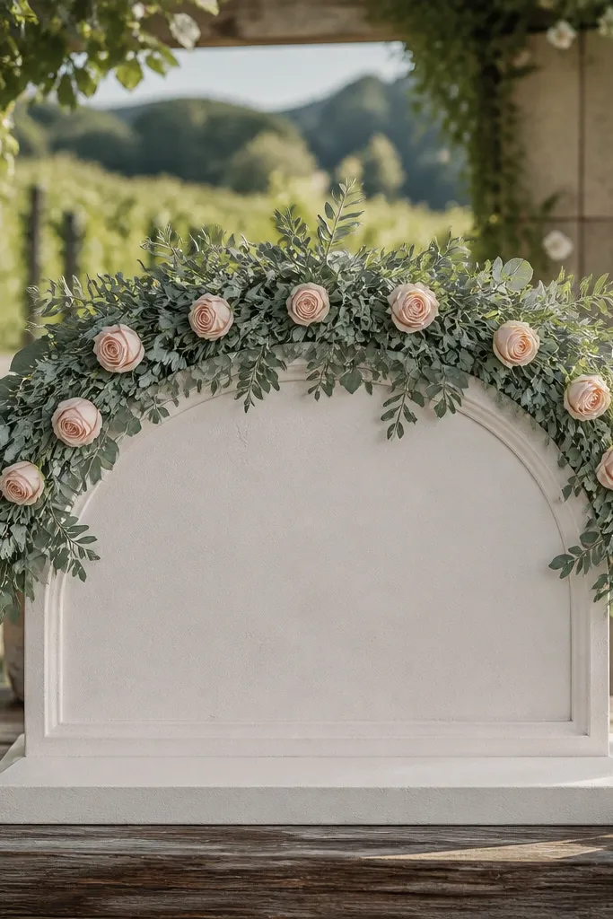 Dusty sage greenery band across top of welcome sign with blush buds